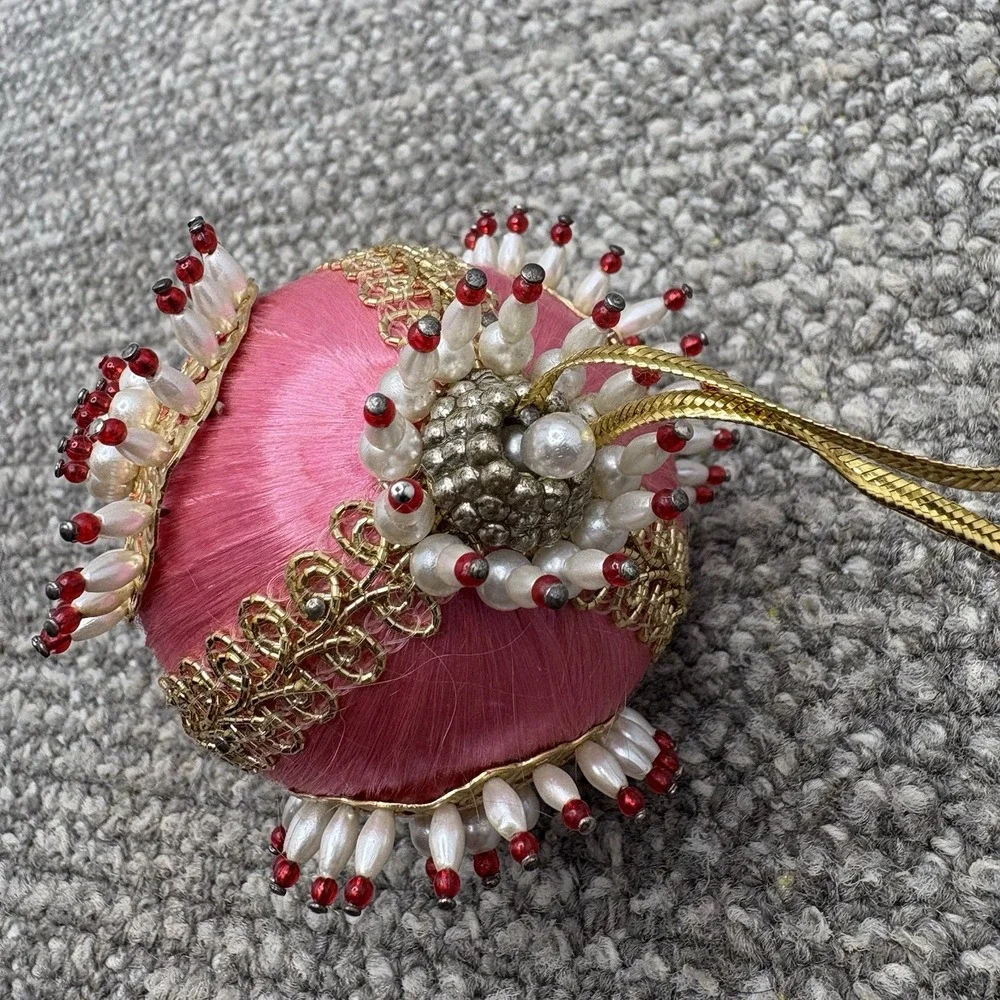 VTG Christmas Ornament PINK Beaded Pins Lace MCM Shiny Round Ball 4.5
